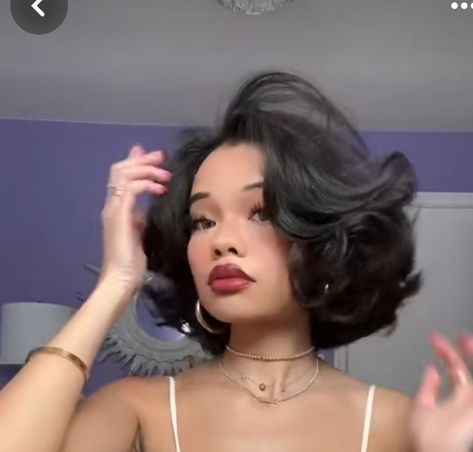 Messy Hair Styles For Short Hair, Black Women Layered Bob, Layered Bob With Bangs Black Women, Short Flat Hair Hairstyles, Perm Styles For Short Hair, Bombshell Curls Short Hair, Cute Really Short Hairstyles, 80s Blowout Hair Short, 90s Silk Press Hairstyle