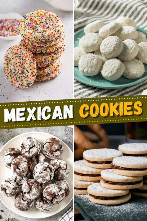 Deserts Recipes Mexican, Cinco De Mayo Baked Goods, Chocolate Mexican Wedding Cookies, New Mexican Desserts, Mexican Sprinkle Cookies Recipe, Latin American Cookies, Mexican Inspired Cookies, Mexican Sweet Breads Conchas, Philippine Cookies