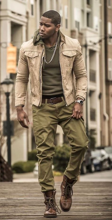 Archeologist Outfits, Archeologist Outfit, Olive Chinos, Olive Hoodie, Black Men Fashion Casual, Black Men Fashion Swag, Mens Boots Casual, Men In Black, Manish