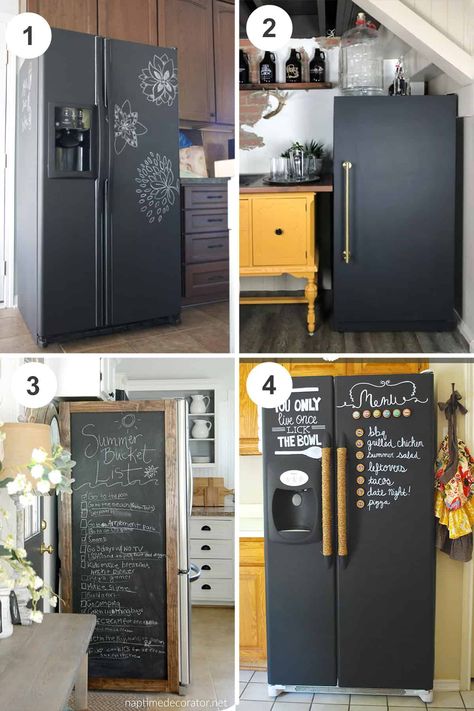 These refrigerator makeovers will STOP you in your tracks! How To Wrap Your Refrigerator, Covering Refrigerator With Contact Paper, How To Wrap A Refrigerator, Update Refrigerator Fridge Makeover, Fridge Wrap Ideas, Wallpaper Refrigerator Diy, Painted Refrigerator Fridge Makeover, Refrigerator Door Decor Ideas, Fridge Cover Ideas Refrigerators