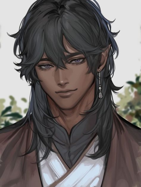 Long Male Hairstyles Reference, Highschool Oc Male, Pretty Anime Men Long Hair, Fantasy Hairstyles Drawing Male, Dark Skin Male Art, Long Hair Guy Anime, How To Draw A Curly Hair, Royal Male Oc, Dark Skinned Character Design