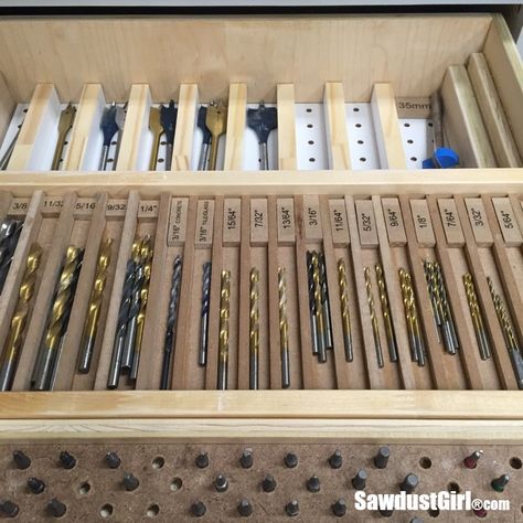 Shop Workbench, Drill Bit Storage, Storage Tricks, Bit Storage, Socket Storage, Sawdust Girl, Pegboard Storage, Woodshop Organization, Garage Tool Storage