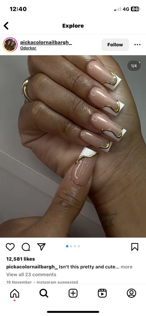 Square Nails Gold Design, Gold Chrome French Tip Nails Square, Black French Tip Nails Gold Accent, Hoco Nail Ideas Square, White Croc Nail Design, Grad Nail Ideas Simple, French Nail Designs With Gold, Gold Frenchies Nails, Gold And French Tip Nails