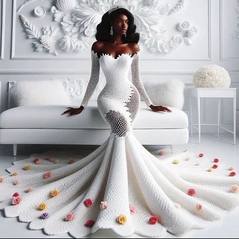 Crochet wedding/reception gown for that daring bride Drop a ❤️ if you like it 📌I don't crochet but I have a very good plug that can deliver 💯 if you want this July registration is open Crochet Ball Gown, Knitted Wedding Dress, Wedding Reception Gowns, Crochet Gown, Crochet Wedding Dress, Crochet Outfits, Crochet Wedding Dresses, 3d Color, Reception Gown