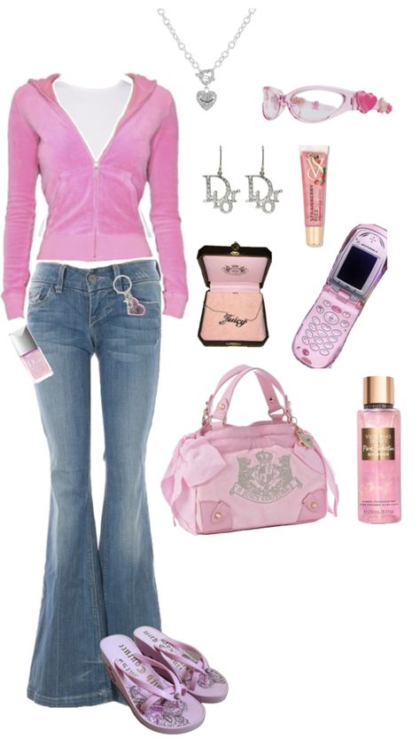 Pink 2000s Outfit, Y2k Outfits Pink, 2000s Fashion Inspiration, Kawaii Outfit Ideas, Mcbling Fashion, Street Style Outfits Casual, 2000s Clothing, Trashy Outfits, 2000s Outfit