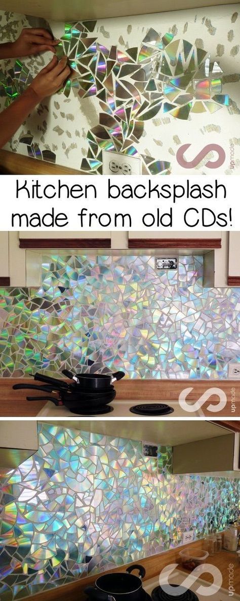 This backsplash idea was made from old CDs! What a great recycling project for the home! Upcycling at it's finest. A fun and gorgeous way to recycle old CDs. #recycling #upcycling #projects #homedecor#backsplash #cds #crafts #instrupix#kitchendecor Recycler Diy, Diy Recycled Projects, Diy Kitchen Backsplash, Old Cds, Diy Upcycling, Ways To Recycle, Upcycled Home Decor, Recycled Projects, Diy Recycle