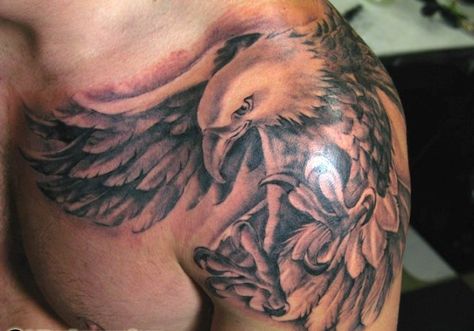 Eagle Shoulder Tattoo For Men Eagle Shoulder Tattoo, Cool Shoulder Tattoos, Mens Shoulder Tattoo, Eagle Tattoos, Back Tattoos For Guys, Eagle Tattoo, Grey Tattoo, An Eagle, Tattoo Trends