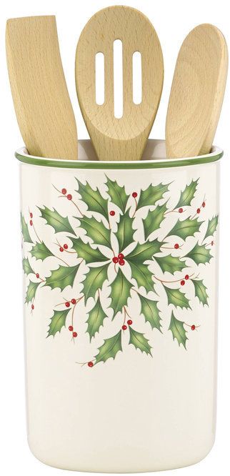 Lenox Holiday Utensil Crock Set  Includes: porcelain crock, wooden spoon, spatula, and slotted spoon; Glazed finish,Berry and holly design at exterior; 7" height; Porcelain, Wood; Dishwasher-safe; Imported; affiliate Lenox Holiday, Holly And Berries, Slotted Spoon, Utensil Crock, Wooden Spoon, Utensil Holder, Wooden Spoons, Christmas Table, Christmas Magic