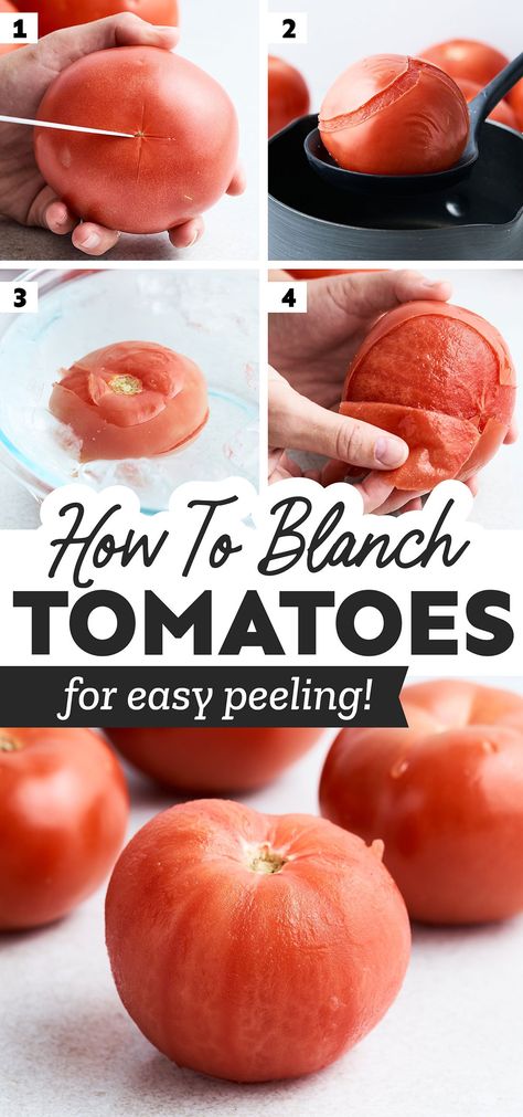 Learn how to blanch tomatoes to make delicious sauces, soups, stews, and curries! It doesn’t take much effort, but homemade blanched tomatoes always add so much flavor to any recipe. We’ll also walk you through tips for how to make peeling their skin a breeze! Blanching Tomatoes, Blanch Tomatoes, How To Blanch Tomatoes, Peeling Tomatoes, Tempeh Chili, Delicious Sauces, Jackfruit Curry, Tofu Curry, Vegan Bolognese