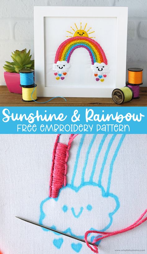 Tela, Rainbow Embroidery Pattern, Embroidery Hoop Art Tutorial, Rainbow Embroidery, Clothes Embroidery Diy, Embroidery Sweater, Sewing Space, Rainbow Crafts, Baby Embroidery