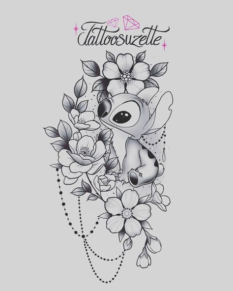 Stitch Floral Tattoo, Stitch Arm Tattoo, Stitch Leg Tattoo, Lilo And Stitch Inspired Tattoos, Fine Line Stitch Tattoo, Disney Stitch Tattoo Black And White, Lilo And Stitch Tattoos, Stitch Disney Tattoo, Lilo And Stitch Tattoo Ideas