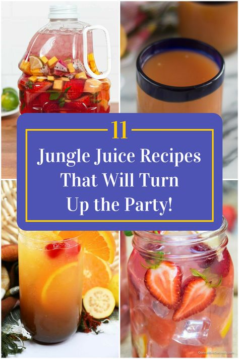 Collage of 4 jungle juice recipes. Big Batch Jungle Juice, Non Alcoholic Jungle Juice, Vodka Jungle Juice Recipes, Juice Ideas Party, How To Make Jungle Juice, Summer Jungle Juice Recipes, Jungle Juice Recipe Alcoholic Parties, Tequila Jungle Juice Recipe, Hippie Juice Recipe Gallon