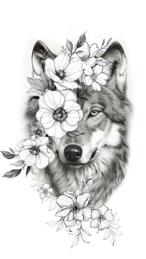 Wolf With Flowers Tattoo, Wolf Tattoos For Women, Half Sleeve Tattoos Sketches, Ghost Tattoo, Tattoos For Black Skin, Tattoo Shows, Tattoo Portfolio, Thigh Tattoos Women, Women's Tattoo