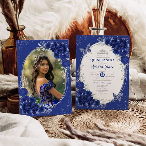 Royal Blue And Silver Quince Invitations, Dark Blue Quinceanera Invitations, Royal Blue With Silver Quinceanera Theme, Blue Quinceanera Theme Ideas, Quince Decorations Royal Blue And Gold, Blue Quince Ramo, Royal Blue Quince Invitations, Butterfly Quinceanera Theme Centerpieces, Royal Blue Invitations