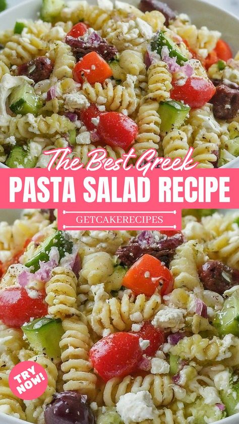 The image shows a bowl of Greek pasta salad made with rotini pasta, cherry tomatoes, cucumber, red onion, Kalamata olives, and feta cheese, dressed with a light vinaigrette. Homemade Greek Dressing, Foods Dinner, Grilled Dinner Recipes, Greek Pasta Salad Recipe, Oregano Salt, Greek Pasta Salad, Comfort Pasta, Greek Dressing, Greek Salad Pasta