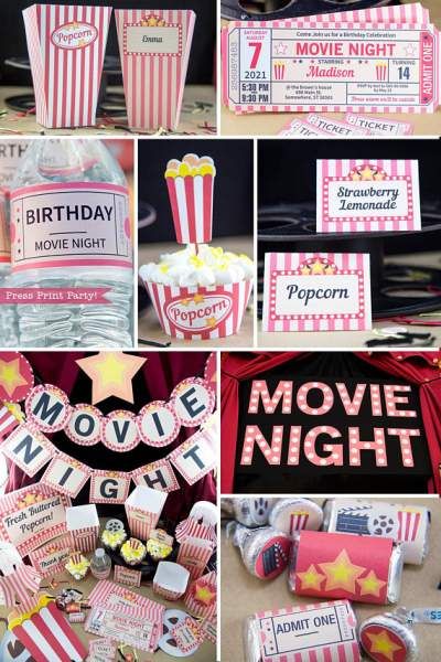 Birthday Party Printable Packages (Instant Party Download) - Press Print Party! Movie Night Printables, Movie Party Decorations, Birthday Movie Night, Birthday Movie, Movie Night Birthday, Movie Night Invitations, Night Birthday Party, Girls Party Games, Style Movie