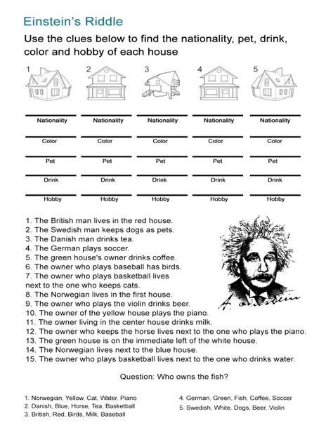 Einstein Riddle, Printable Crossword Puzzles, Detective Game, Critical Thinking Activities, Esl Games, Riddles To Solve, Free Printable Activities, Logic Games, English Teachers