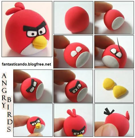 Red Angry Bird Fondant Tutorial Red Angry Bird, Fimo Kawaii, Crea Fimo, Birds Cake, Jumping Clay, Angry Birds Cake, Angry Birds Party, Cake Topper Tutorial, Fondant Animals