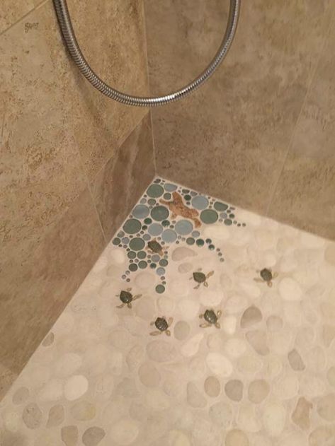 Oh my goodness I want this!!! Tile Murals Outdoor, Colorful Shower Floor Tile, Mermaid Floor Tile, Bathroom Ideas Whimsical, Beach Shower Tile, Cool Shower Tile Ideas, Pretty Tiles Bathroom, Unique Tile Floor Bathroom, Mermaid Bathroom Tile