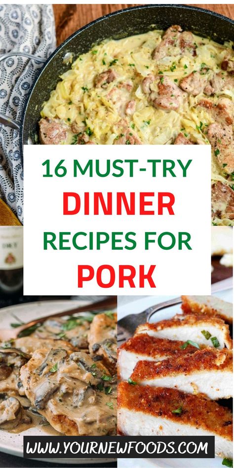 Dinner Recipes For Pork. 16 must-try pork recipes. Tasty pork dinner meals perfect for entertaining at holidays and all year. Choose your favorite dinner recipes for pork today! Beef Or Pork Dinner Recipes, Pork Stews And Casseroles, Pork Loin And Pasta Recipes, Pork Cutlet Dinner Ideas, Easy Meals With Pork, Pork Roast Ideas Meals, Pork Lunch Recipe, Summer Pork Recipes Dinners, Diced Pork Loin Recipes