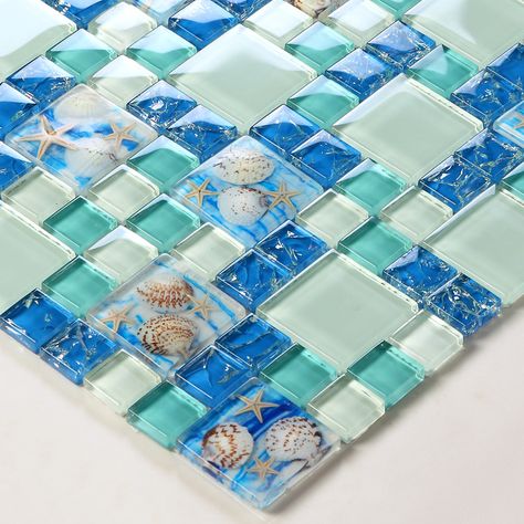 TST Glass Conch Tiles Beach style Sea Blue Glass Tile Green Glass Mosaics Wall Art Kitchen Backsplash Bathroom Design Sea Glass Tile, Shell Mosaic Tile, Blue Glass Tile, Modern Market, Shell Mosaic, Beach Kitchens, Mosaic Bathroom, Bathroom Shower Tile, Bathroom Backsplash