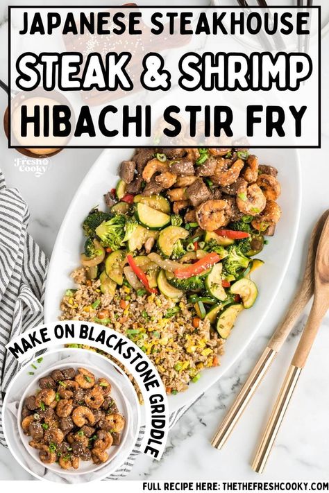 Easy Hibachi Steak, Hibachi Steak And Shrimp Recipe, Blackstone Hibachi, Easy Hibachi, Hibachi Shrimp, Hibachi Vegetables, Steak Stirfry Recipes, Hibachi Steak, Griddle Cooking Recipes