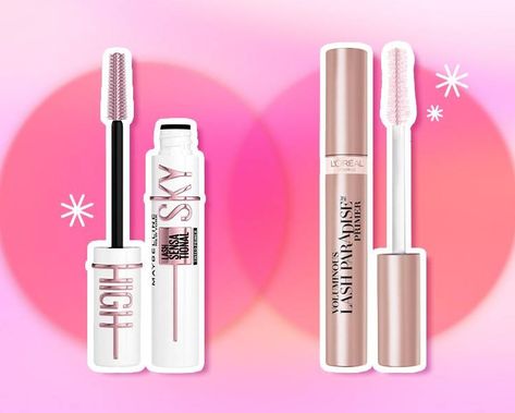 Picture of the Maybelline New York Lash Sensational Sky High Tinted Primer and the L'Oréal Paris Voluminous Lash Paradise Primer on a pink gradient background Long Lashes Makeup, Lash Lifts, Eyelash Primer, Lash Paradise, Mascara Primer, Lashes Mascara, Lash Primer, Milk Makeup, Rose Oil