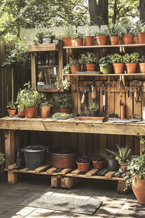 Create a functional potting bench using wooden pallets for your garden projects. #GardenProjects #DIYPottingBench #PalletProjects Potting Shed Table, Potting Benches Outdoor, Diy Garden Work Bench, Gardening Tools Aesthetic, Greenhouse Potting Bench, Planting Table Outdoor Potting Benches, 2x2 Projects Diy, Potting Bench Ideas With Sink, Potting Station Diy