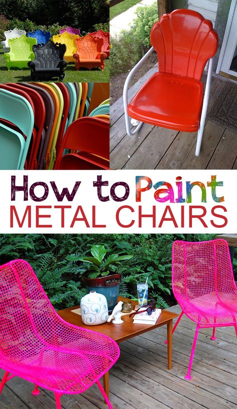 How to Paint Metal Chairs | Repinned by Alvarado Paint & Hardware, www.alvaradopaint.com Painting Metal Chairs, Painted Metal Chairs, How To Paint Metal, Metal Lawn Chairs, Vintage Metal Chairs, Metallic Painted Furniture, Garden Chairs Metal, Metal Outdoor Furniture, Paint Metal