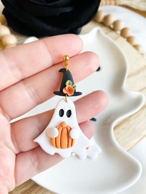 Floral Witch Hat, Ghost Holding A Pumpkin, 2023 Earrings, Floral Witch, Ghost With Pumpkin, Whimsical Earrings, Polymer Clay Halloween, Halloween Clay, Polymer Clay Flower Jewelry