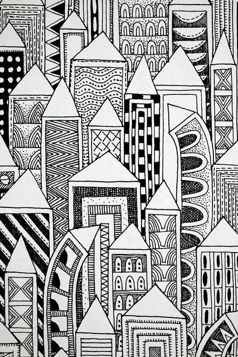 'Skyscraper' Quirky abstract archival quality Art Print. Open Edition. The original design for this print has been hand drawn using Rotring technical pens and then made into lovely prints using pigment quality ink onto soft white cotton 280gsm fine art paper. All prints are available in A5, A4 and A3. They are personally signed by me and come packaged in cellophane with a board backing to prevent bending or creasing. Prints are shipped in 3-5 business days. Frames, mounts and furniture are not i Fineliner Art, Doddle Art, Zen Doodle Art, Quirky Illustration, Line Art Design, Easy Doodles Drawings, Art Line, Black White Art, Shape Art