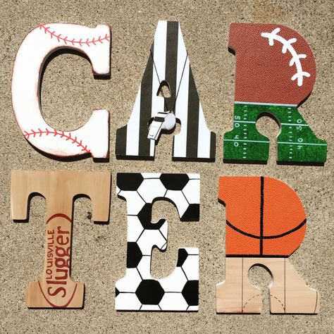 Wooden Sports Letters  Wood Sport Initials  by KidMuralsbyDanaR Boys Basketball Room, Gym Teacher Gifts, Basketball Nursery, Basketball Room Decor, Boom Kunst, Painted Wood Letters, Sports Bedding, Sports Nursery, Wall Letters Nursery