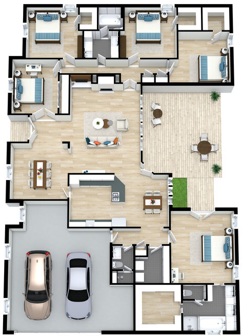 A square five bedroom floor plan with a two-car garage, and a semi-open concept in the middle. 5 Bedroom Open Floor Plan, 5 Bedroom House Floor Plan One Level, House Plans 5 Bedroom, 6 Bedroom House Plans, 5 Bedroom Home, 6 Bedroom House, Interior Design Drawings, Double Entry Doors, Building Plans House