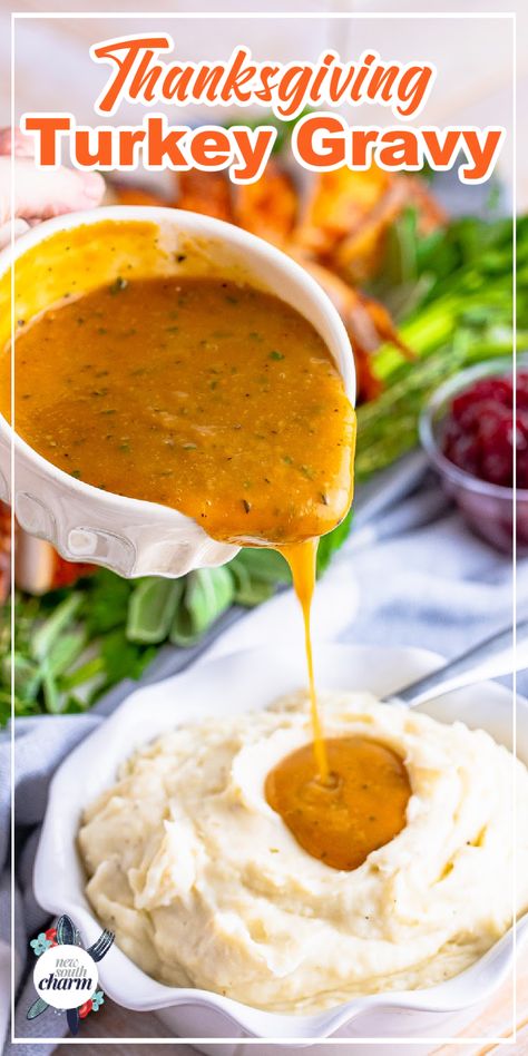 Turkey Gravy pouring from a  gravy boat on to a bowl of mashed potatoes. Turkey Gravy Mix Recipe, Homemade Gravy For Turkey, Perfect Turkey Gravy, How To Make A Flavorful Turkey, Cafeteria Turkey And Gravy, Dressing Gravy, Homemade Turkey Gravy With Drippings, Best Homemade Turkey Gravy, The Best Turkey Gravy