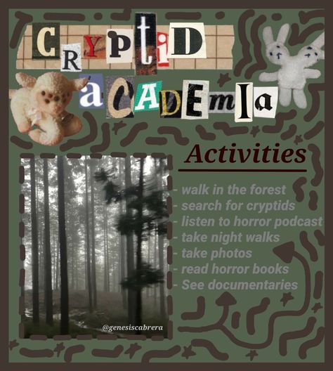 cryptid academia activities Cryptid Core Aesthetic Wallpaper, Cryptidcore Academia, Cryptidcore Activities, Cryptid Hunting Gear, Cryptic Academia Aesthetic, Cryptid Academia Aesthetic Outfits, Cryptid Hunting Aesthetic, How To Be A Cryptid, Cryptology Aesthetic