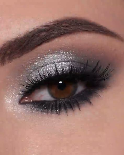 A beautiful eye makeup look in grey🤩 | A beautiful eye makeup look in grey🤩 | By MetDaan Makeup Smokey Eye Makeup Gray, Bold Silver Eye Makeup, Black Smokey Eye With Silver Glitter, Grey Makeup For Brown Eyes, Silver Glitter Eye Makeup Tutorial, Eye Makeup Grey Eyes, Black And Grey Makeup Looks, Shimmery Smokey Eye, Silver Eye Makeup Look