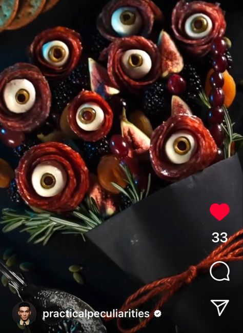 Halloween Buisness Decorations, Halloween Salami Eyeballs, Classy Halloween Party Food, Goth Party Food, Goth Snacks, Acotar Themed Food, Goth Party Ideas, Witchy Party Ideas, Acotar Birthday