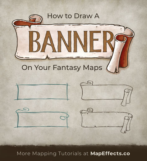 Step by step drawing tutorial on how to draw a classic scroll banner for a fantasy map Banner Tutorial, Fantasy Map Details, Fantasy Map Names, Fantasy Map Making Ideas, Fantasy Map Drawing Ideas, Map Symbols, Map Sketch, Banner Drawing, Fantasy Map Making