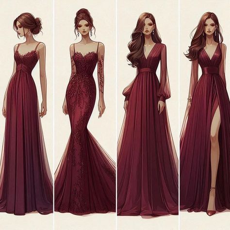 Wardrobe Capsule: Burgundy Gown Designs Western, Christmas Dress Ideas, Gown Designs, Burgundy Evening Dress, Dreamy Gowns, Fashion Design Books, Fashion Design Template, Burgundy Outfit, Wardrobe Capsule