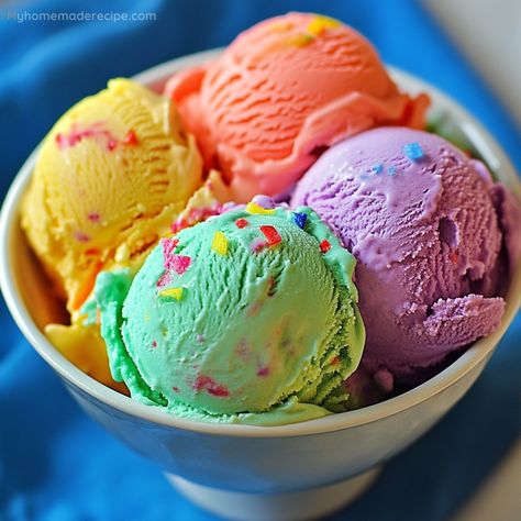 The Ultimate Homemade Rainbow Ice Cream is a delightful and colorful dessert that’s easy to prepare and perfect for any celebration. With layers of vibrant colors and a creamy vanilla base, this ice cream is as fun to make as it is to eat. Ideal for parties, special occasions, or just adding some color to your day! Rainbow Sorbet, Rainbow Sherbet Ice Cream, Vanilla Ice Cream With Sprinkles, Rainbow Ice Cream Aesthetic, Rainbow Ice Cream, Ice Cream Set, Colorful Ice Cream, Colorful Desserts, Ice Cream Base