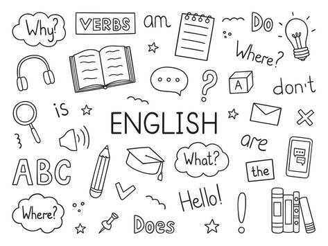 Doodle Art For English Subject, Cute English Doodles, Background Design Drawing Doodles, English Doodle Art, English Related Drawings, English Journal Ideas, English Design Art, Language Learning Illustration, English Drawings Ideas