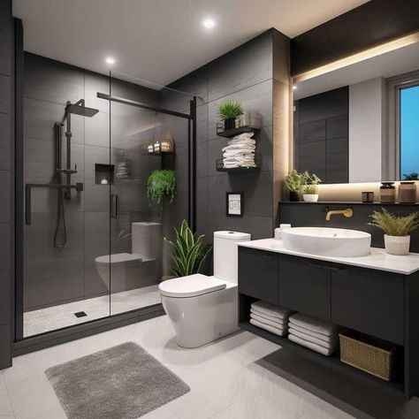 Modern House Design Bathroom, House Interior Black And White, Masters Bathroom Modern, Grey Bathroom Aesthetic, Modern Small House Design Interiors, Toilet And Bathroom Design Modern, Small House Design Interior Ideas, House Design Black And White, Small Interior House Design