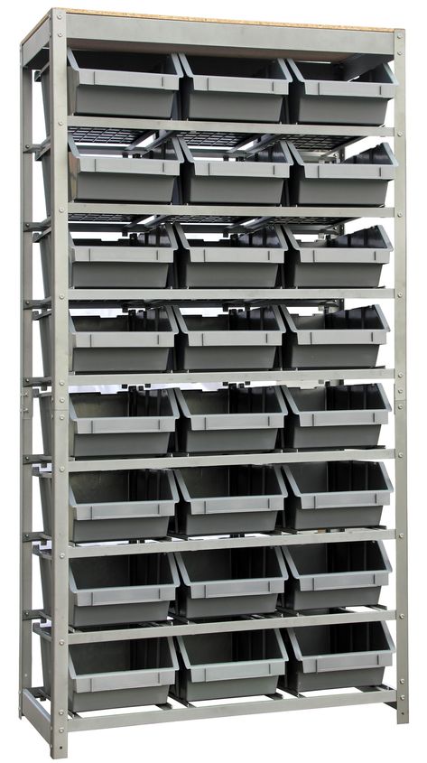 Introducing the brand new bin rack. A new friend in your garage or working place. Effectively helps to organize the tools and parts. This bin rack is with a great storage capacity of 24 bins in its tiny body. Occupying only less than 4 square feet of room space, this closet high bin rack with 8 tiers of bins will help you organize things like parts and tools efficiently. Visible bin openings let everything conveniently accessible. KING'S RACK Storage Bin Rack System Steel Heavy Duty 8-Tier Utili Storage Shelves With Bins, Garage Storage Bin Organization, Makerspace Storage, Shop Storage Ideas, Hardware Organization, Storage Bin Rack, Vending Trailer, Man Tools, Bin Rack