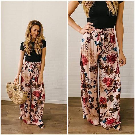 ECOWISH Wide Leg Pants for Women Summer 2023 Palazzo Tropical Floral Casual High Waist Flared Trousers with Pockets White Lace Gloves, High Waist Joggers, Style Wide Leg Pants, Bohemian Pants, Green Leaf Print, Harem Pant, Printed Wide Leg Pants, Long Trousers, Printed Trousers