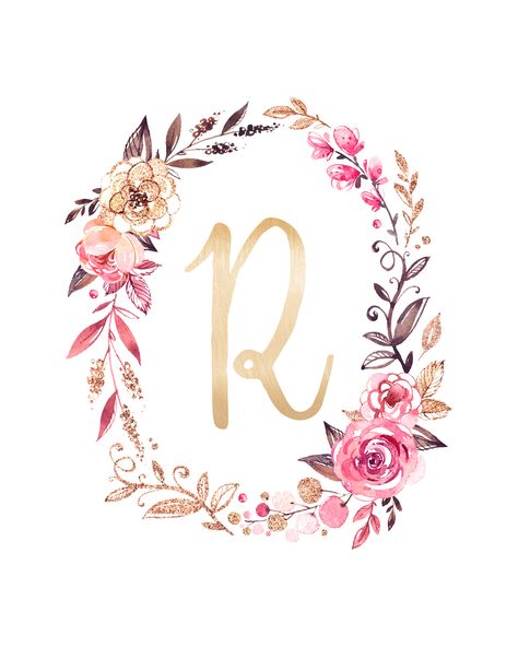 Tarjetas The Letter K, Letter K, Pink Flowers, Wreath, Glitter, Flowers, Floral, Pink, Gold