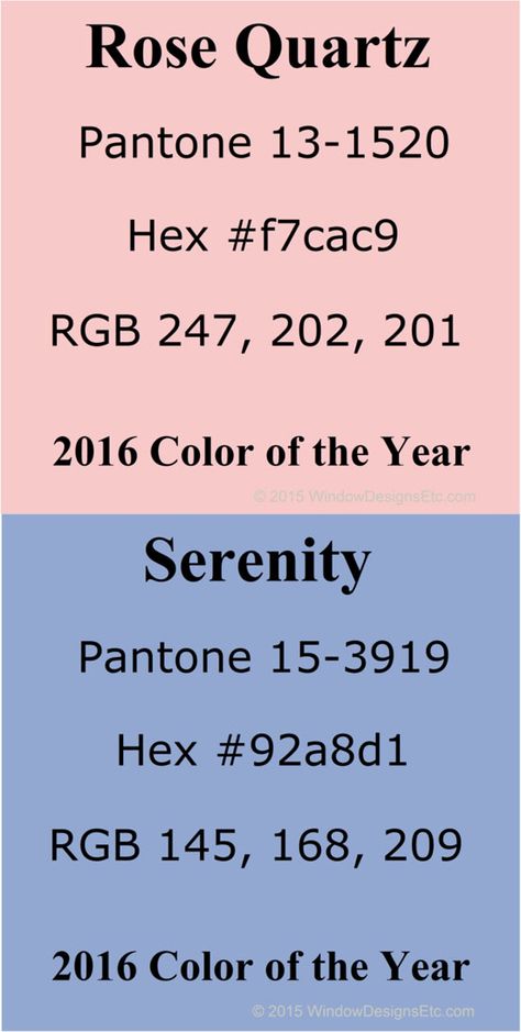 Rose Quartz and Serenity blue Pantone, Hex and RGB values Pantone 2016 Color of the year. - more on the blog WindowDesignsEtc.com. Seventeen Official Color, Pantone Rose, Pantone Serenity, Pantone Rose Quartz, Blue Rose Quartz, Serenity Color, Rose Quartz And Serenity, Blue Pantone, Pantone 2016