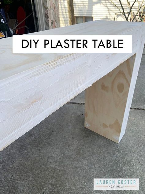 Diy Plaster Table Top, Diy Plastered Furniture, Plaster Tv Stand, Refurbish Wood Table, Faux Concrete Console Table, Plaster Furniture Design, Diy Waterfall Dining Table, Diy Plaster Console Table, Diy Cement Dining Table