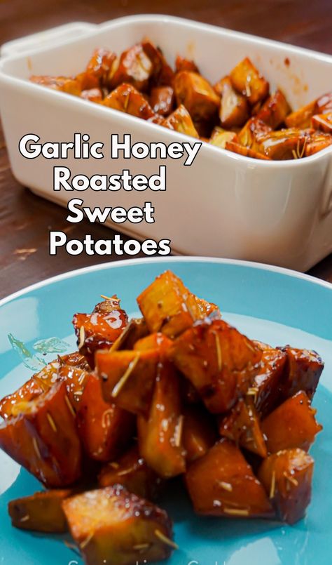 Honey Roasted Sweet Potatoes, Easy Sweet Potato Recipes, Rainy Day Recipes, Garlic Honey, Garlic Roasted Potatoes, Quick Side Dishes, Dinner For 2, Potato Side Dishes, Honey Roasted