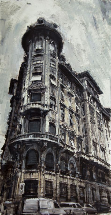 New Cityscapes in Motion Painted by Valerio D’Ospina | Colossal Corner Building, Cityscape Paintings, Artwork Contemporary, Andermatt, Home Contemporary, Architecture Sketchbook, Colossal Art, Architecture Painting, Architectural Drawing