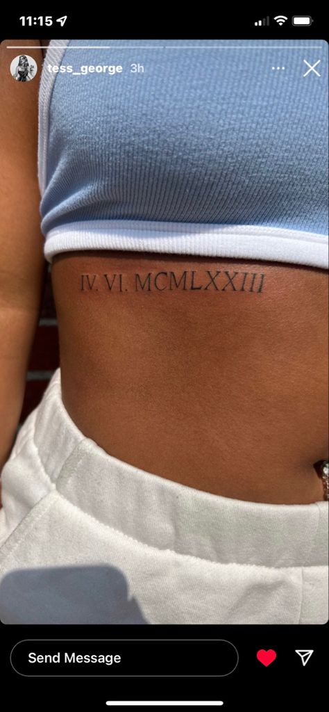 Date On Ribs Tattoo, Roman Numeral Tattoo Ribcage, Roman Numerals On Ribs, Tattoos For Women Side Ribs, Cute Date Tattoos, Roman Numerals Rib Tattoo, Adoption Date Tattoo Ideas, 2003 Roman Numeral Tattoo, Rib Tattoo Roman Numeral